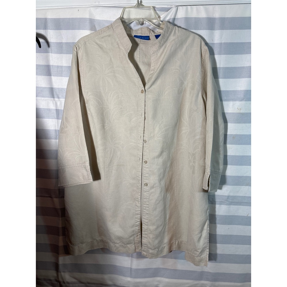 Karen Scott Sport Linen Blend Palm Leaf Jacquard Tunic Top Beige XL